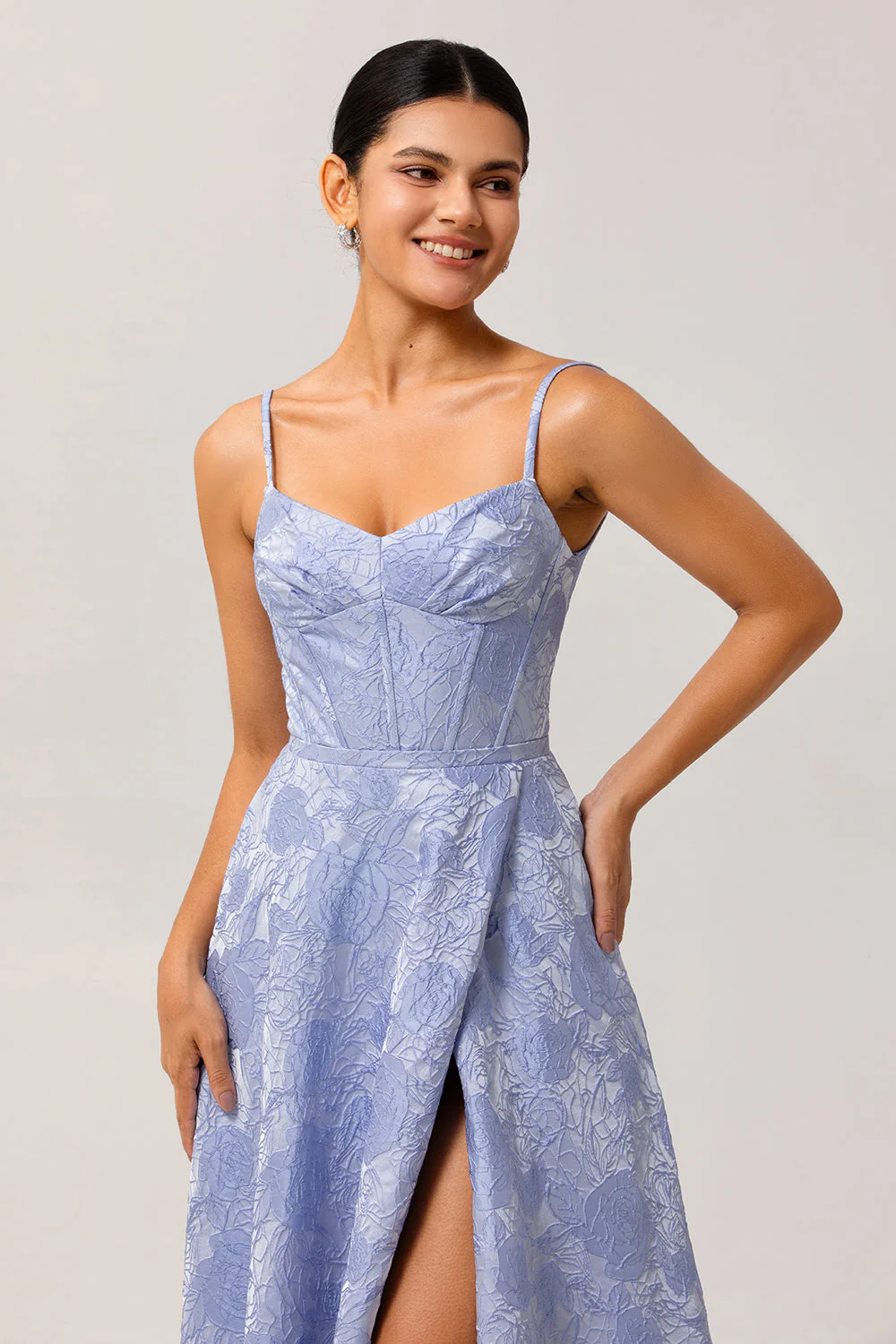 Bleu A Ligne Spaghetti Bretelles Brocart Corset Robe De Soirée Avec Fente - Image 6