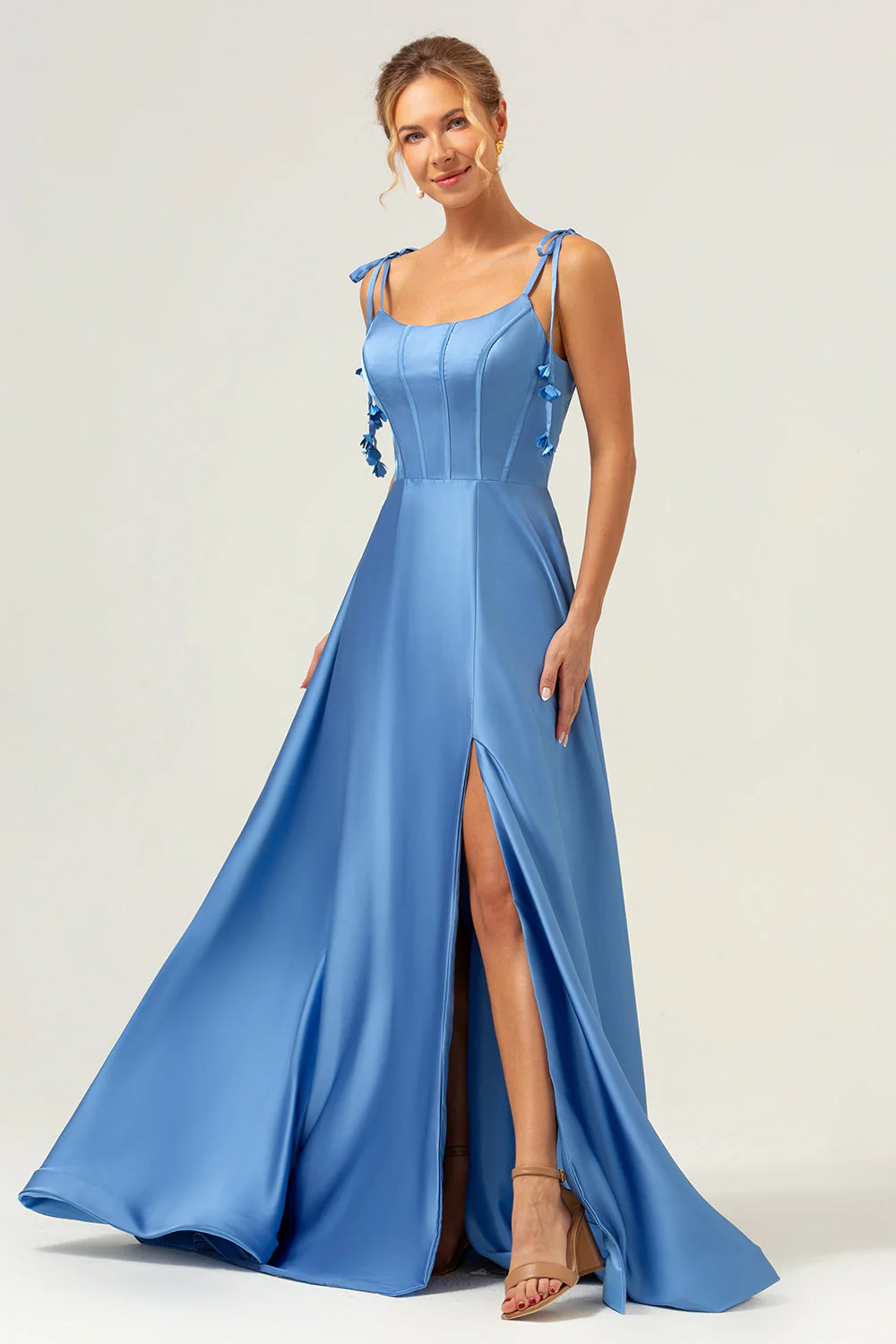 Bleu A Ligne Spaghetti Bretelles Corset Satin Longue Robe de demoiselle d’honneur avec fente - Image 3
