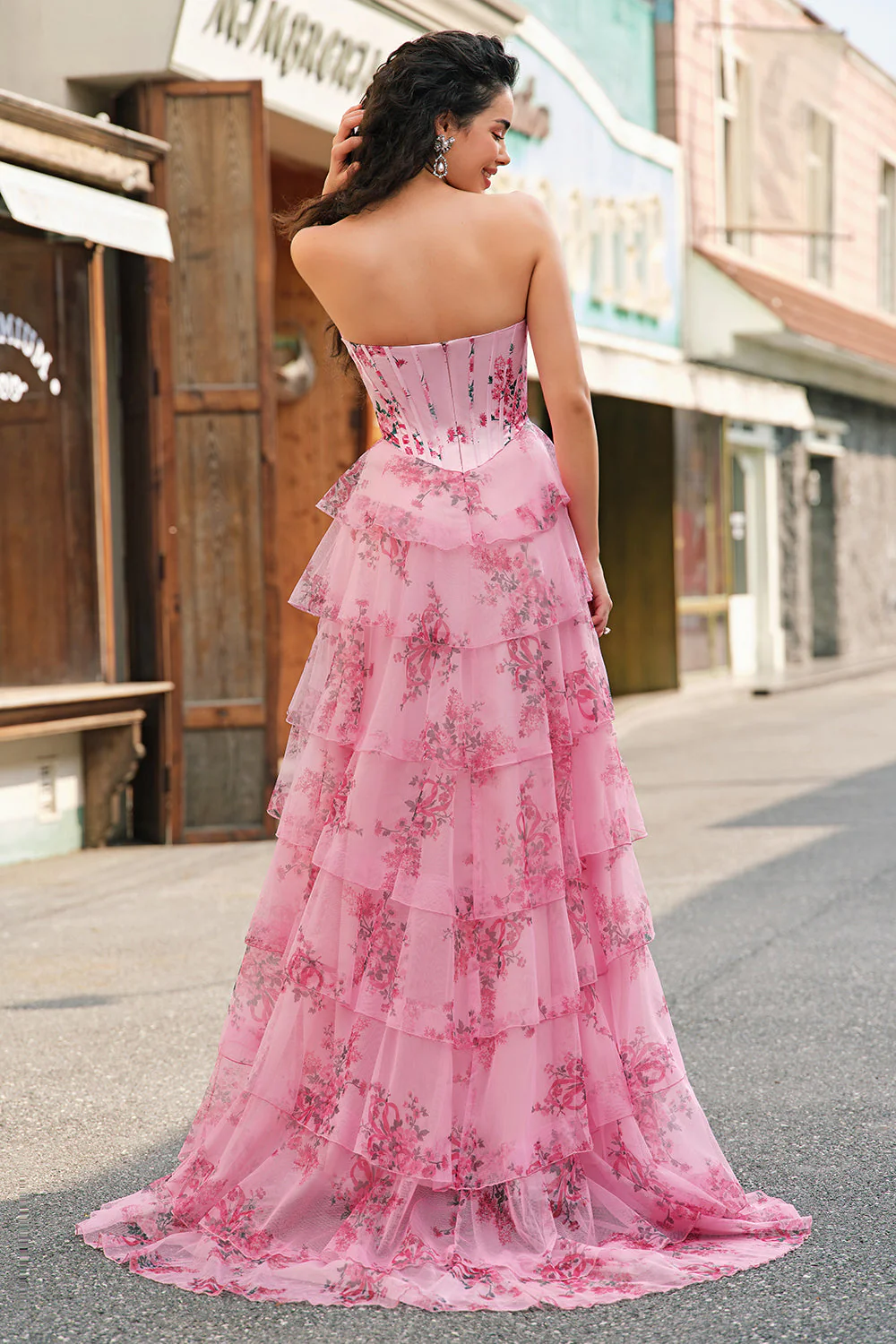 Floral Une ligne sans bretelles Corset Robe De Soirée Blush Tier avec Fente - Image 2