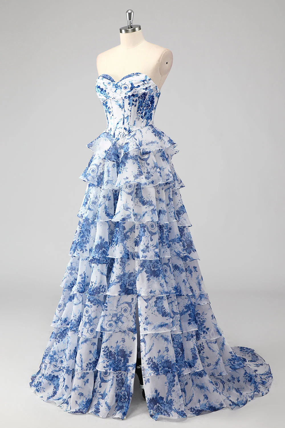 Floral Une ligne sans bretelles Corset Robe De Soirée Blush Tier avec Fente - Image 14