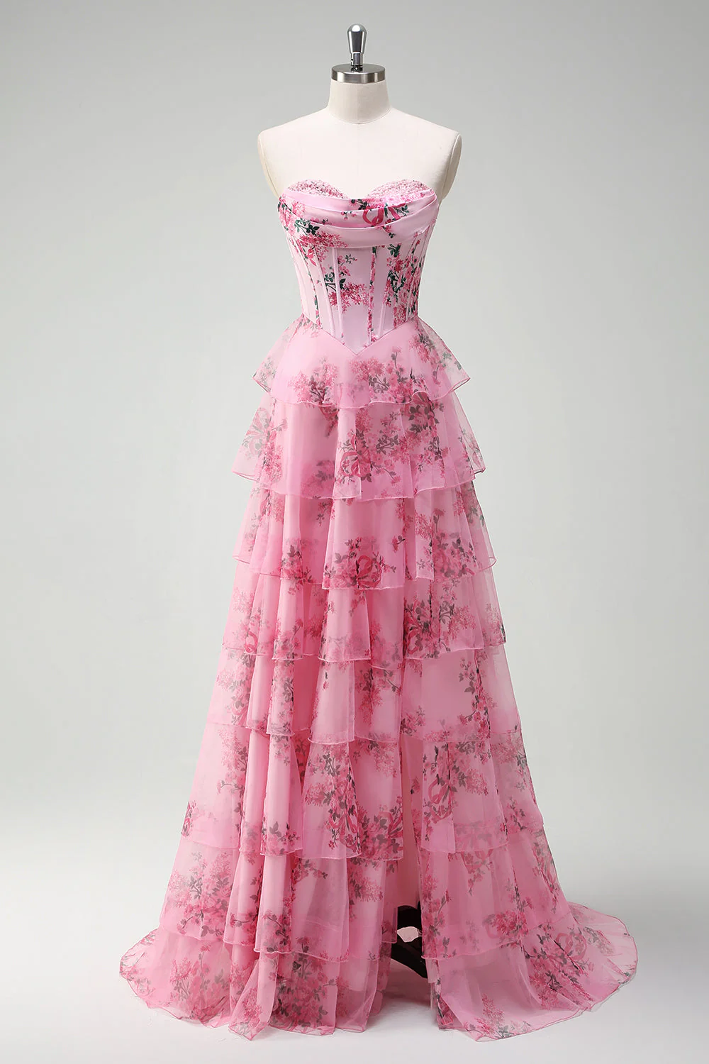 Floral Une ligne sans bretelles Corset Robe De Soirée Blush Tier avec Fente - Image 4