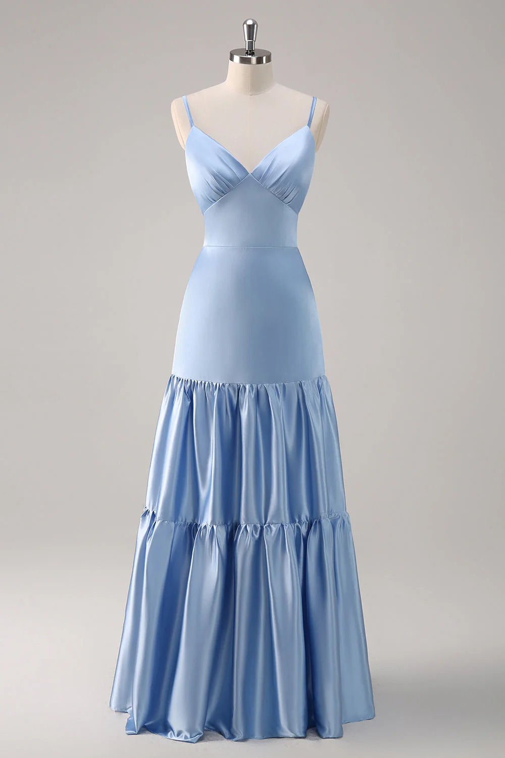 Bleu ciel A-ligne spaghetti bretelles dos nu robe de demoiselle d’honneur longue en satin - Image 7