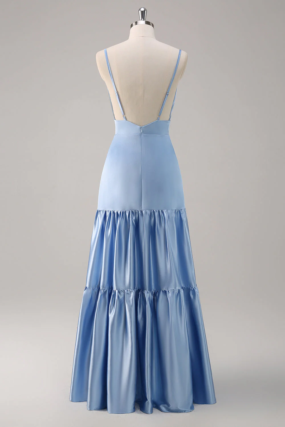 Bleu ciel A-ligne spaghetti bretelles dos nu robe de demoiselle d’honneur longue en satin - Image 8