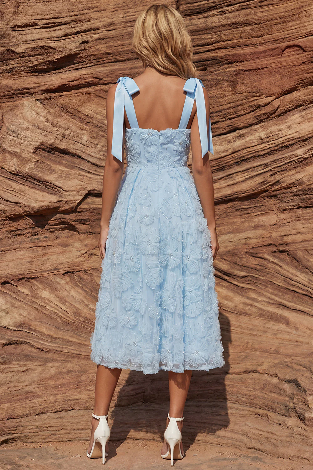 Robe d'invitée de mariage longue bleu ciel ligne A imprimé floral perlée pailletée avec nœuds - Image 2