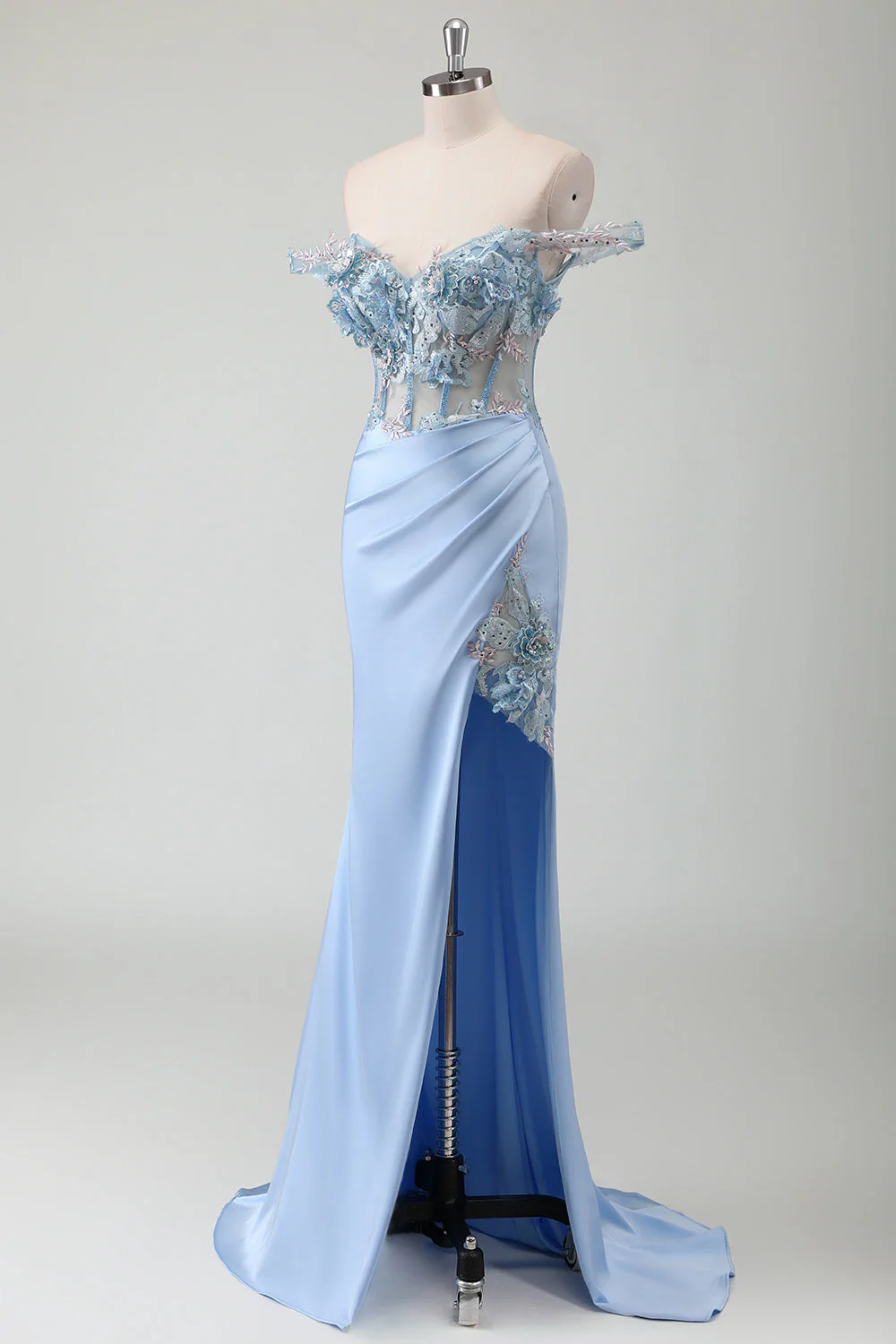 Bleu Ciel Sirène Hors Épaule Corset Robe Longue De Bal Avec Fente - Image 5