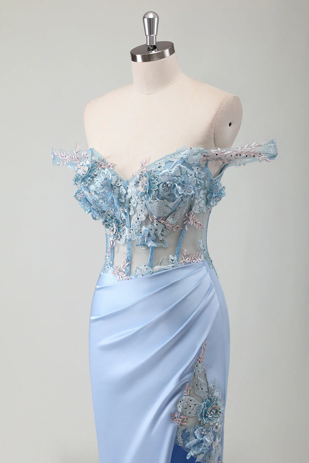 Bleu Ciel Sirène Hors Épaule Corset Robe Longue De Bal Avec Fente - Image 8