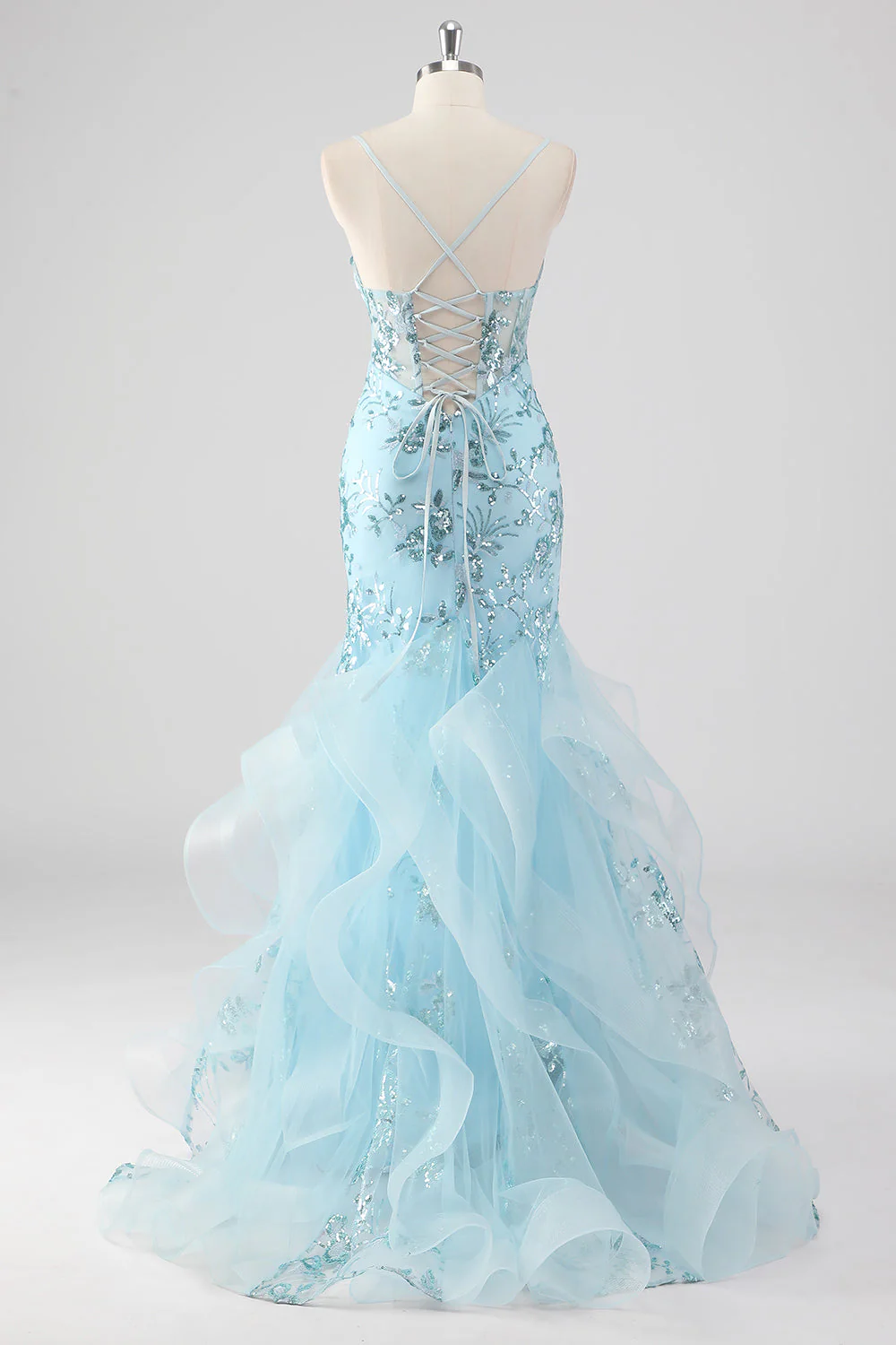 Bleu ciel Sirène Spaghetti Bretelles Sequin Corset Robe de Bal Longue avec Volants - Image 2