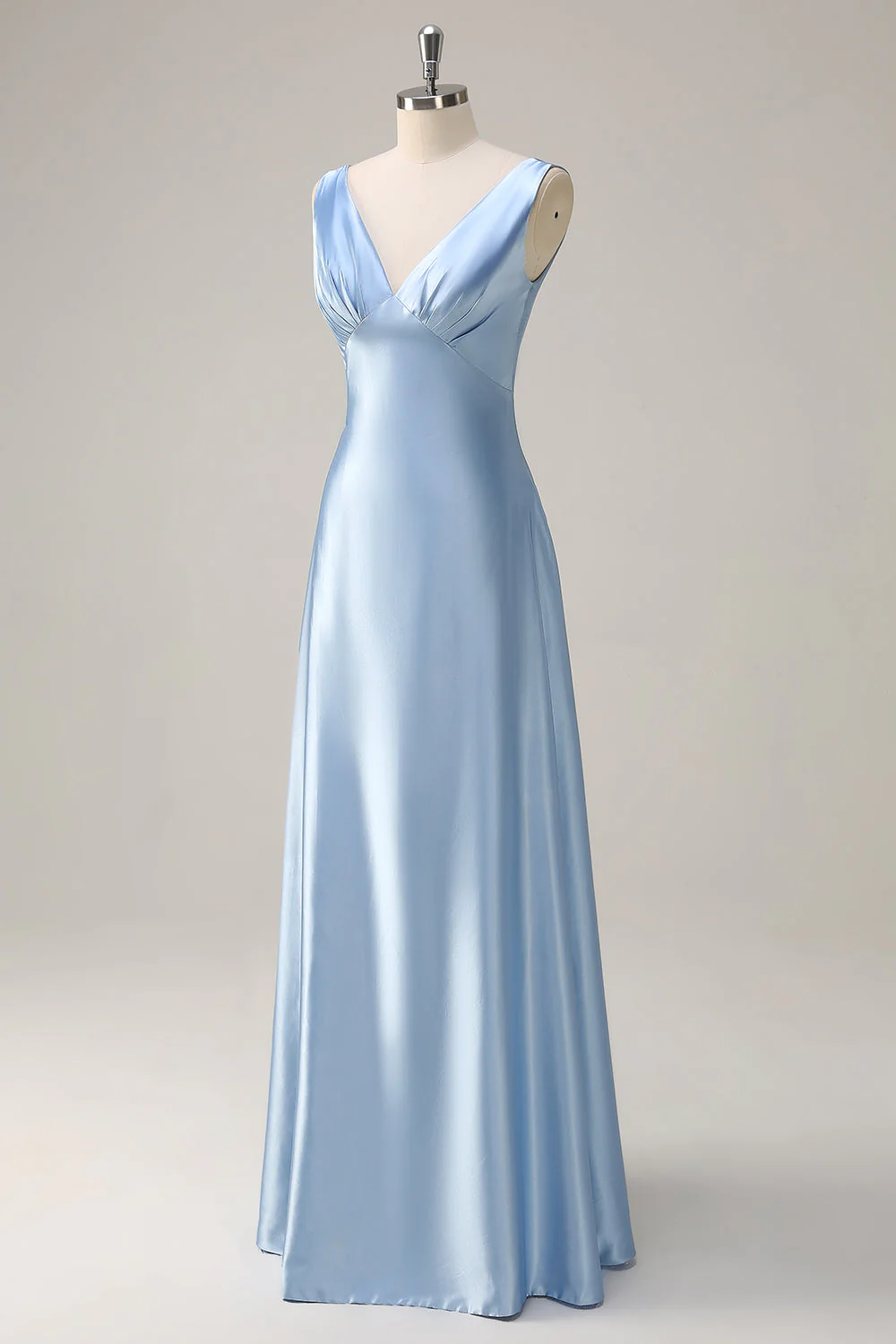 Robe de demoiselle d'honneur longue bleu ciel satin ligne A col V dos nu - Image 3