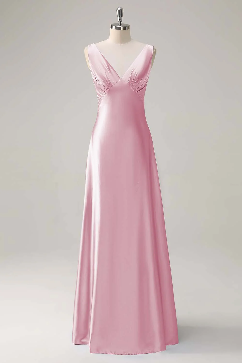 Robe de demoiselle d'honneur longue bleu ciel satin ligne A col V dos nu - Image 9