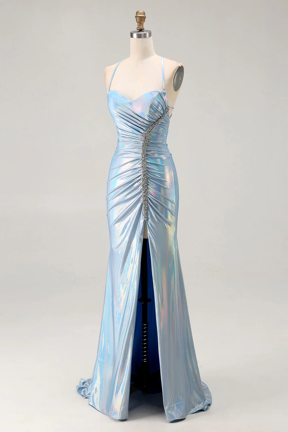 Robe de soirée sirène bleu clair métallisé à lacets dos avec fente latérale - Image 3