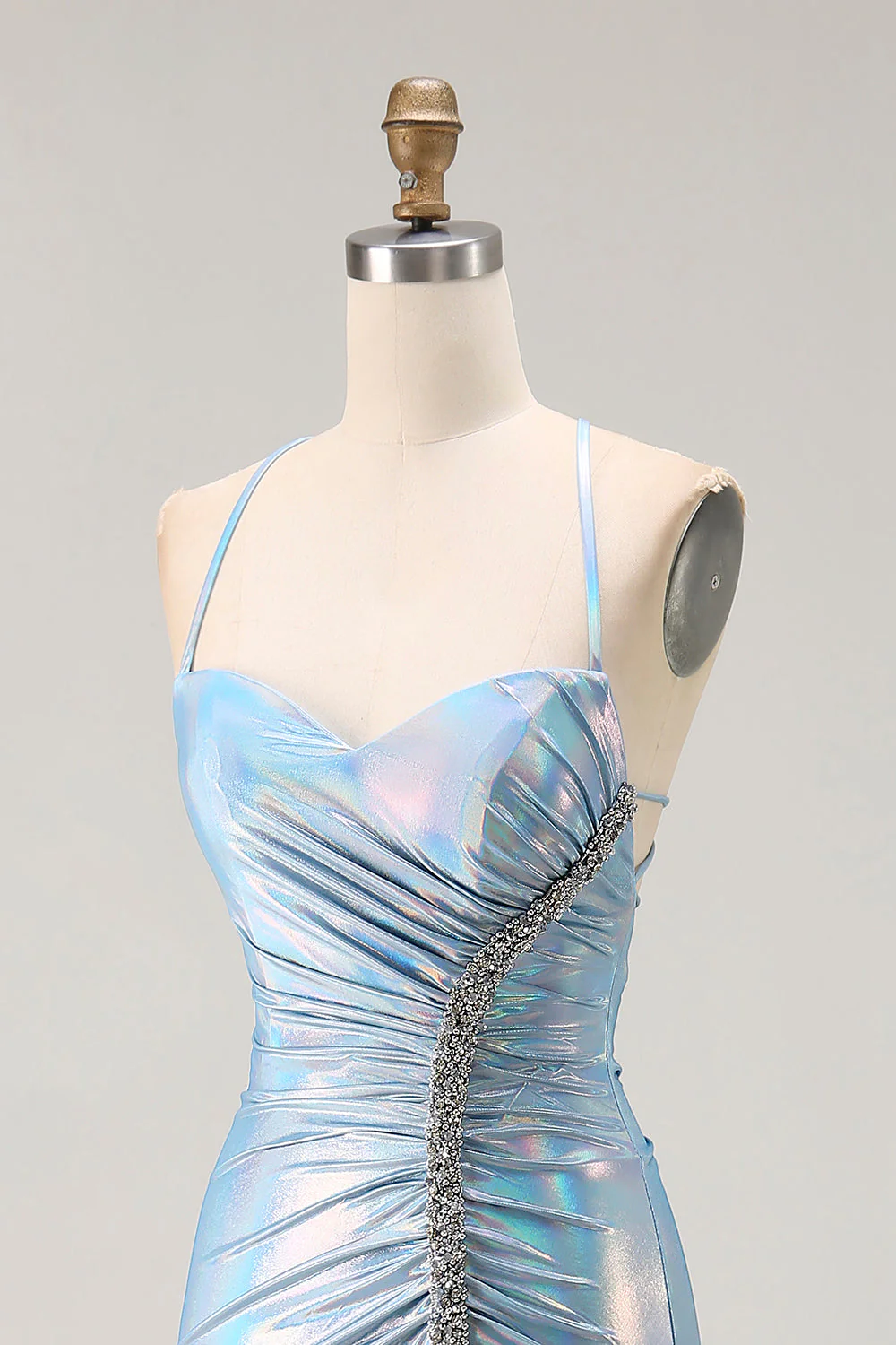 Robe de soirée sirène bleu clair métallisé à lacets dos avec fente latérale - Image 5