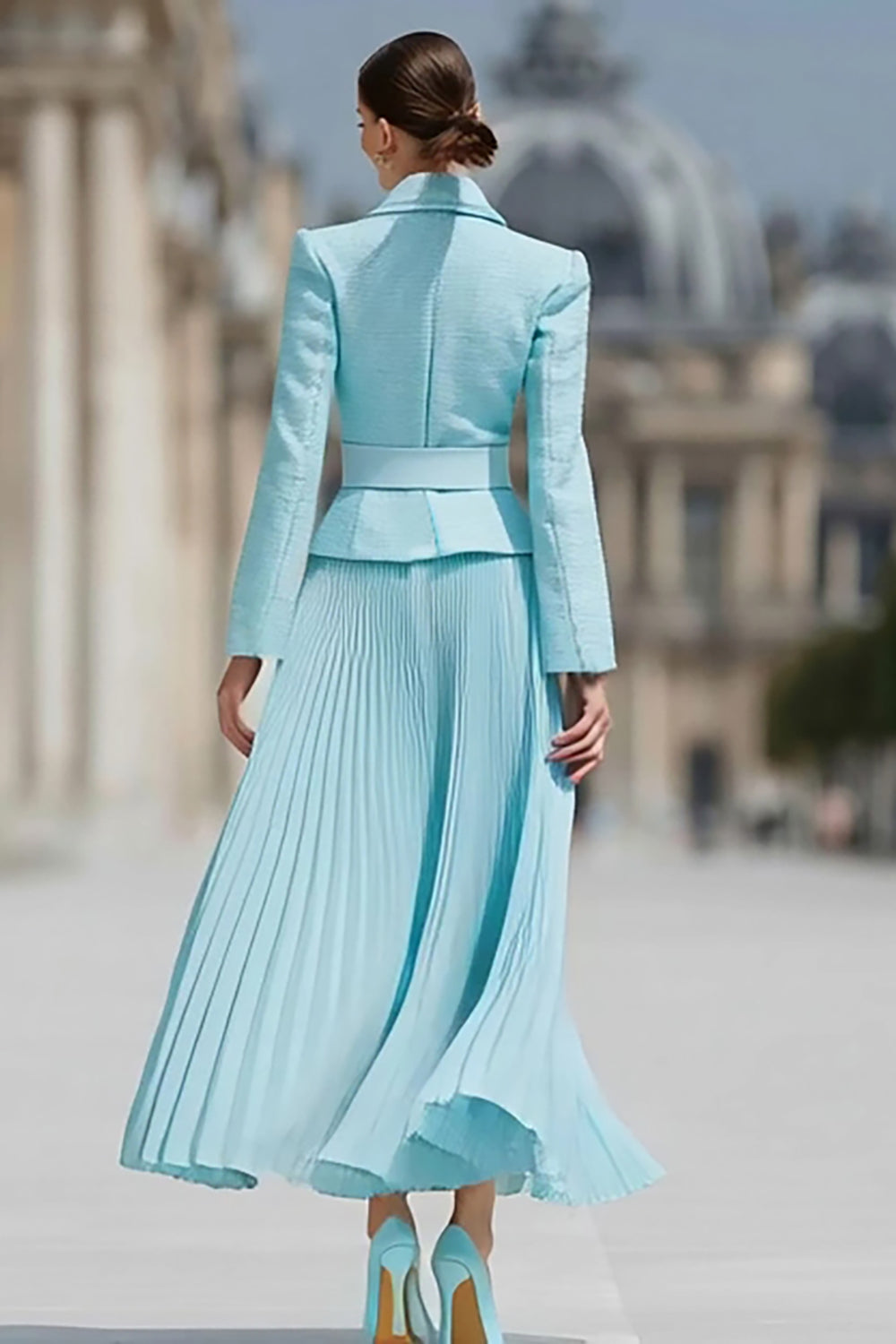 Bleu clair Robe de travail plissée 2 pièces à revers crantés - Image 2
