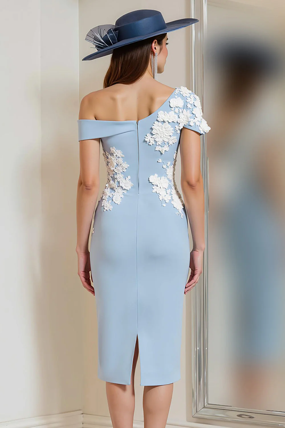 Bleu clair une épaule Applique fourreau mère de la mariée robe - Image 2