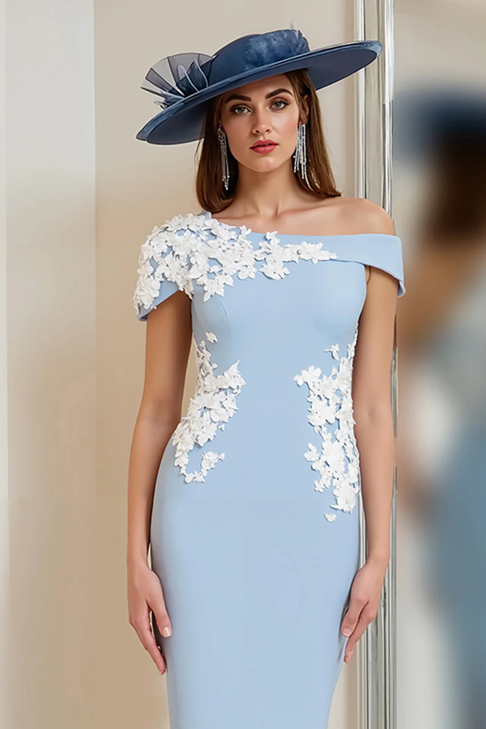 Bleu clair une épaule Applique fourreau mère de la mariée robe - Image 3