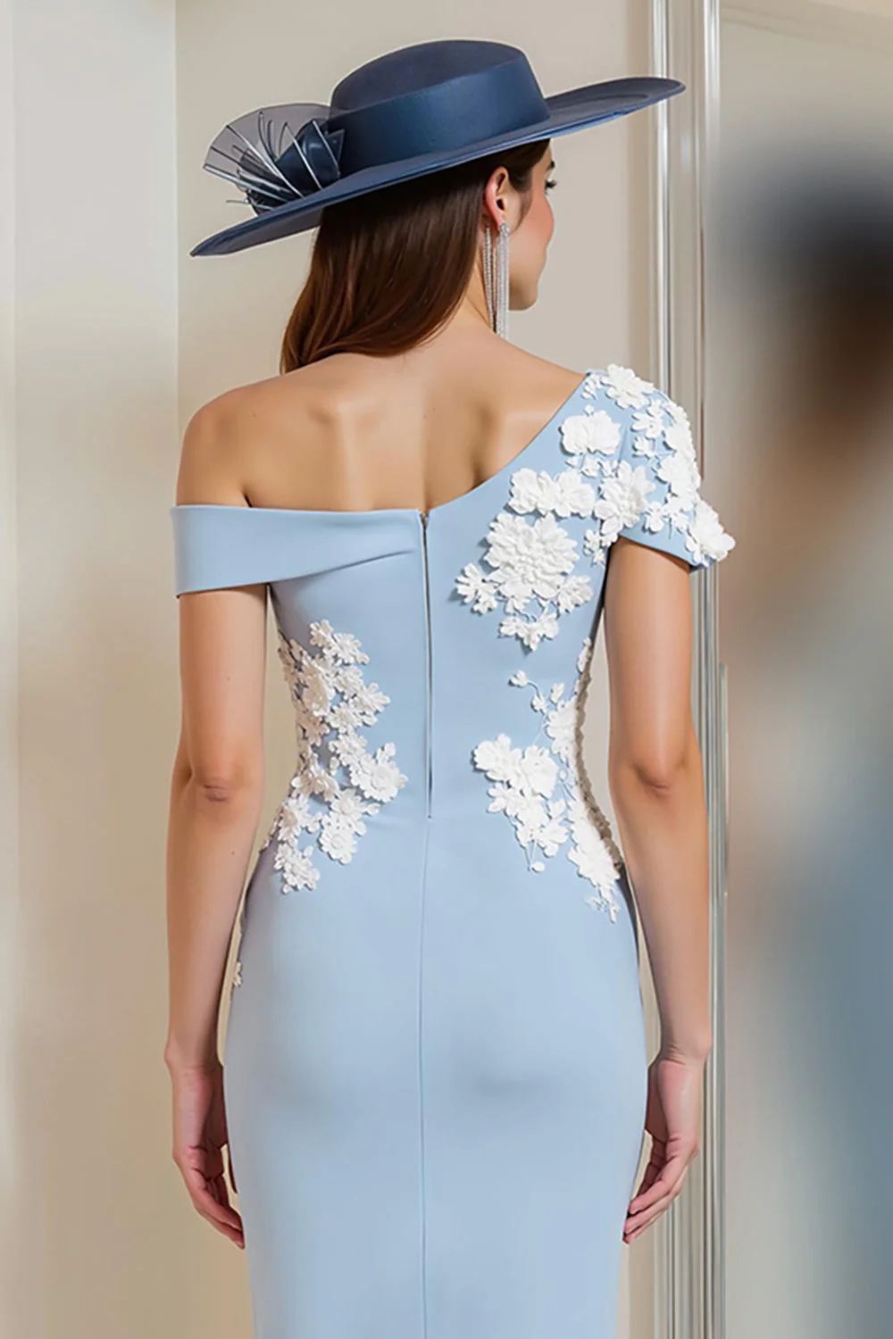 Bleu clair une épaule Applique fourreau mère de la mariée robe - Image 4