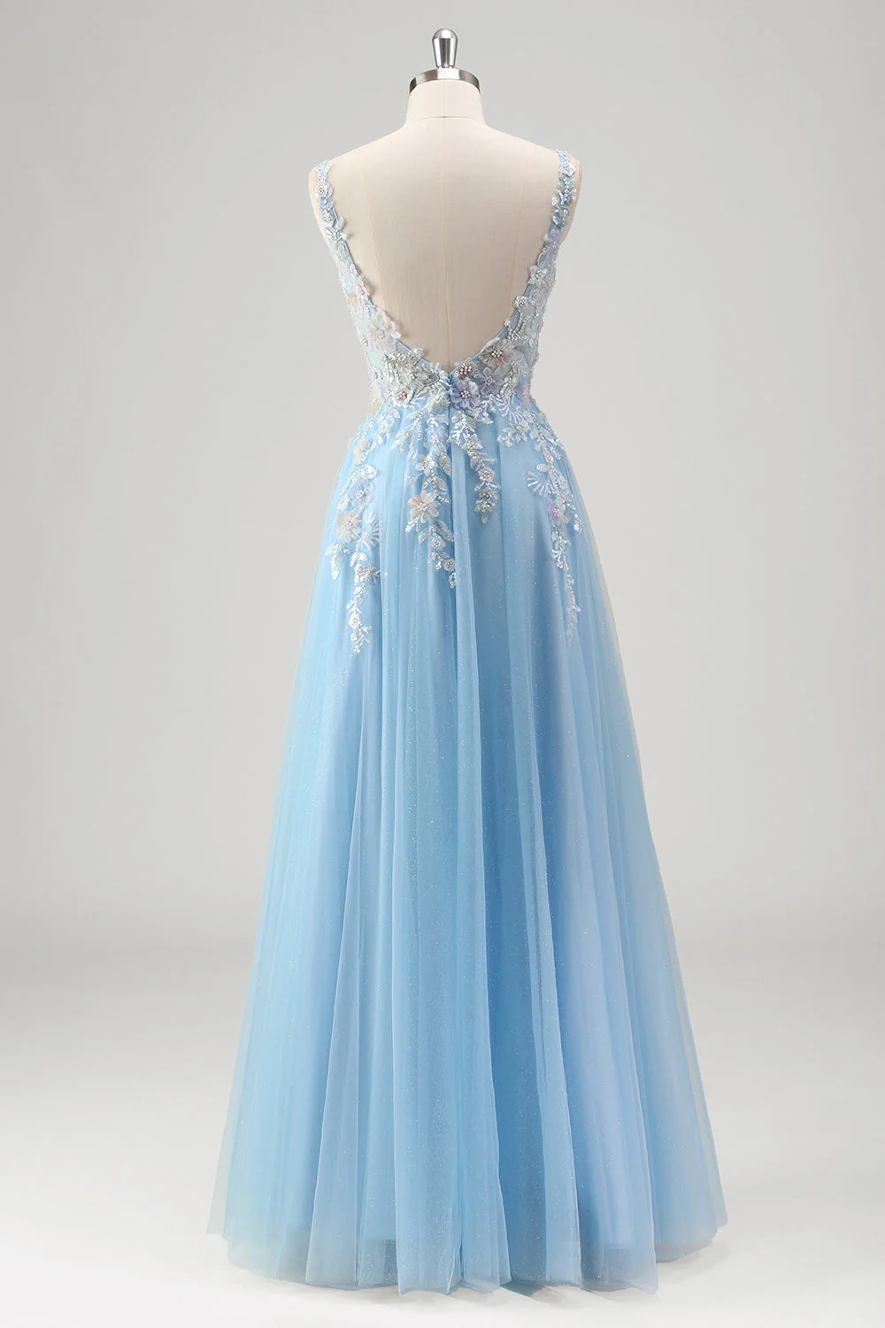 Bleu clair Une ligne spaghetti bretelles Corset Floral Applique robe de bal avec fente - Image 2