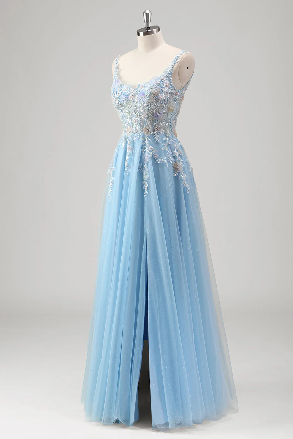Bleu clair Une ligne spaghetti bretelles Corset Floral Applique robe de bal avec fente - Image 3