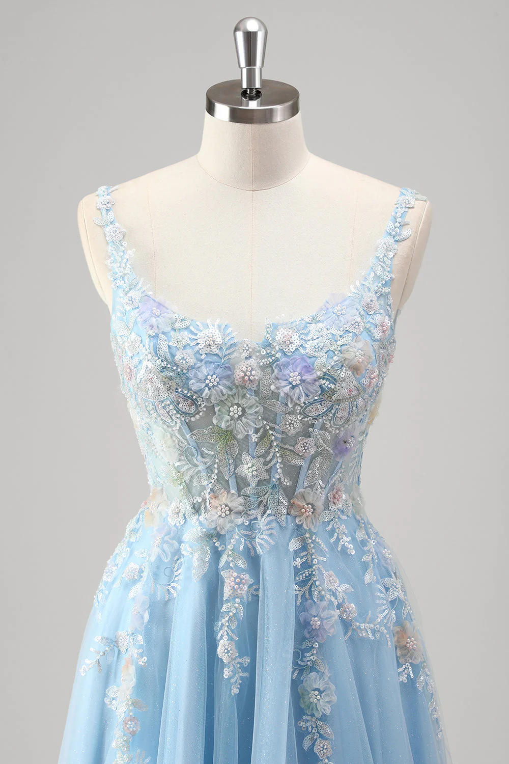 Bleu clair Une ligne spaghetti bretelles Corset Floral Applique robe de bal avec fente - Image 4