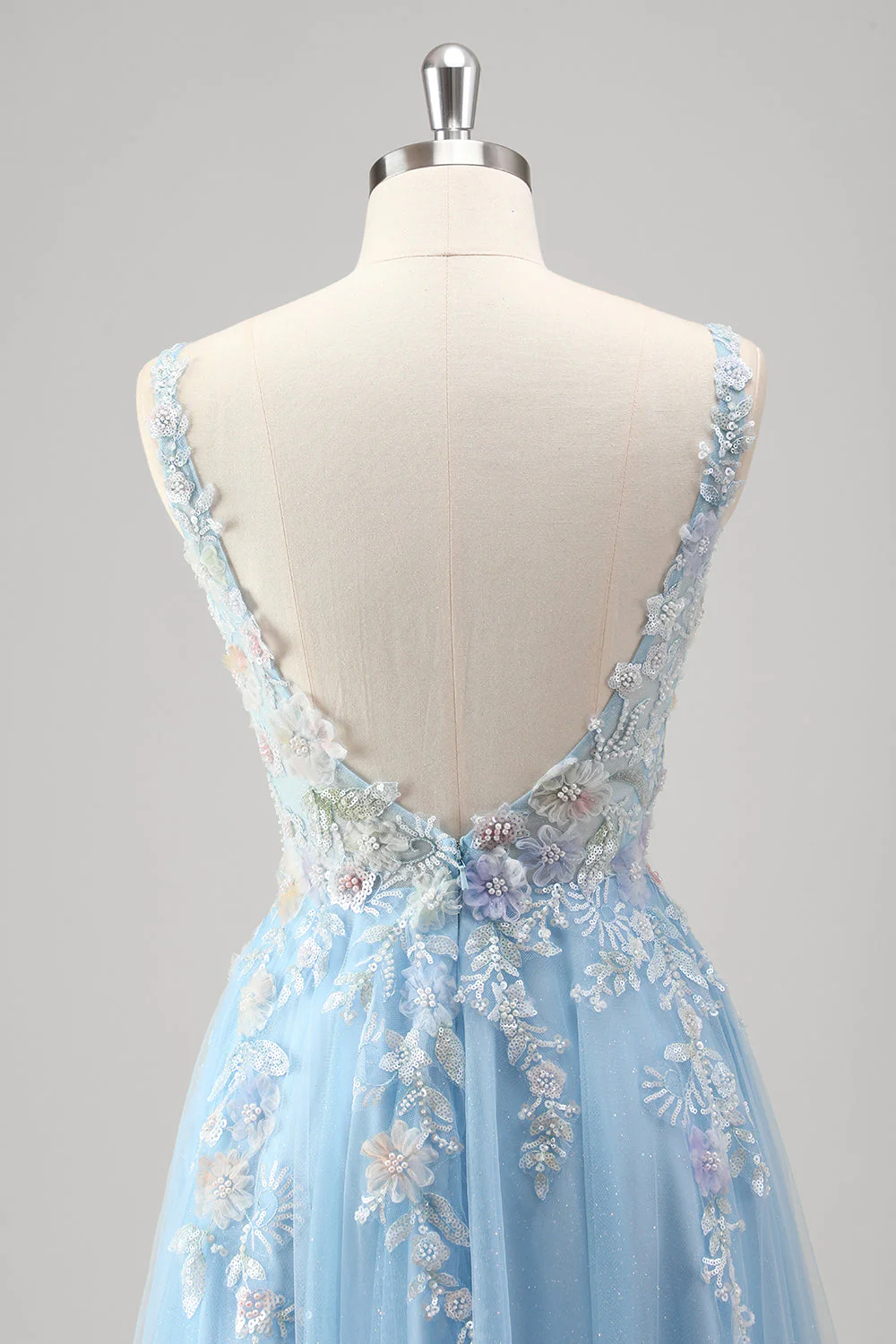 Bleu clair Une ligne spaghetti bretelles Corset Floral Applique robe de bal avec fente - Image 5