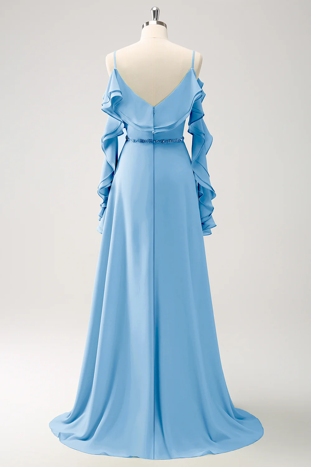 Bleu d'encre épaule froide A-ligne Robe de demoiselle d’honneur longue en mousseline de soie avec volants - Image 16