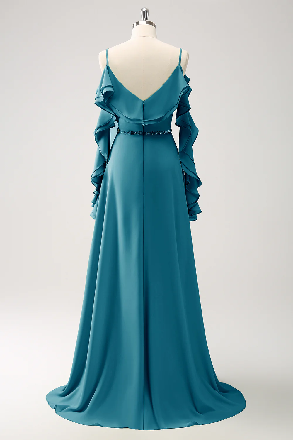 Bleu d'encre épaule froide A-ligne Robe de demoiselle d’honneur longue en mousseline de soie avec volants - Image 6