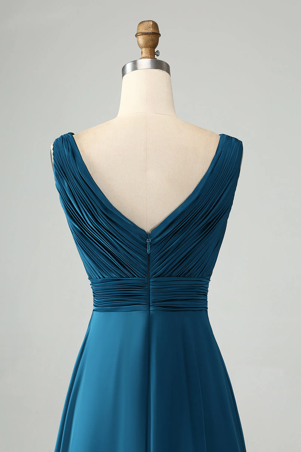Bleu encre A ligne col V trou de serrure longue robe de demoiselle d’honneur - Image 6
