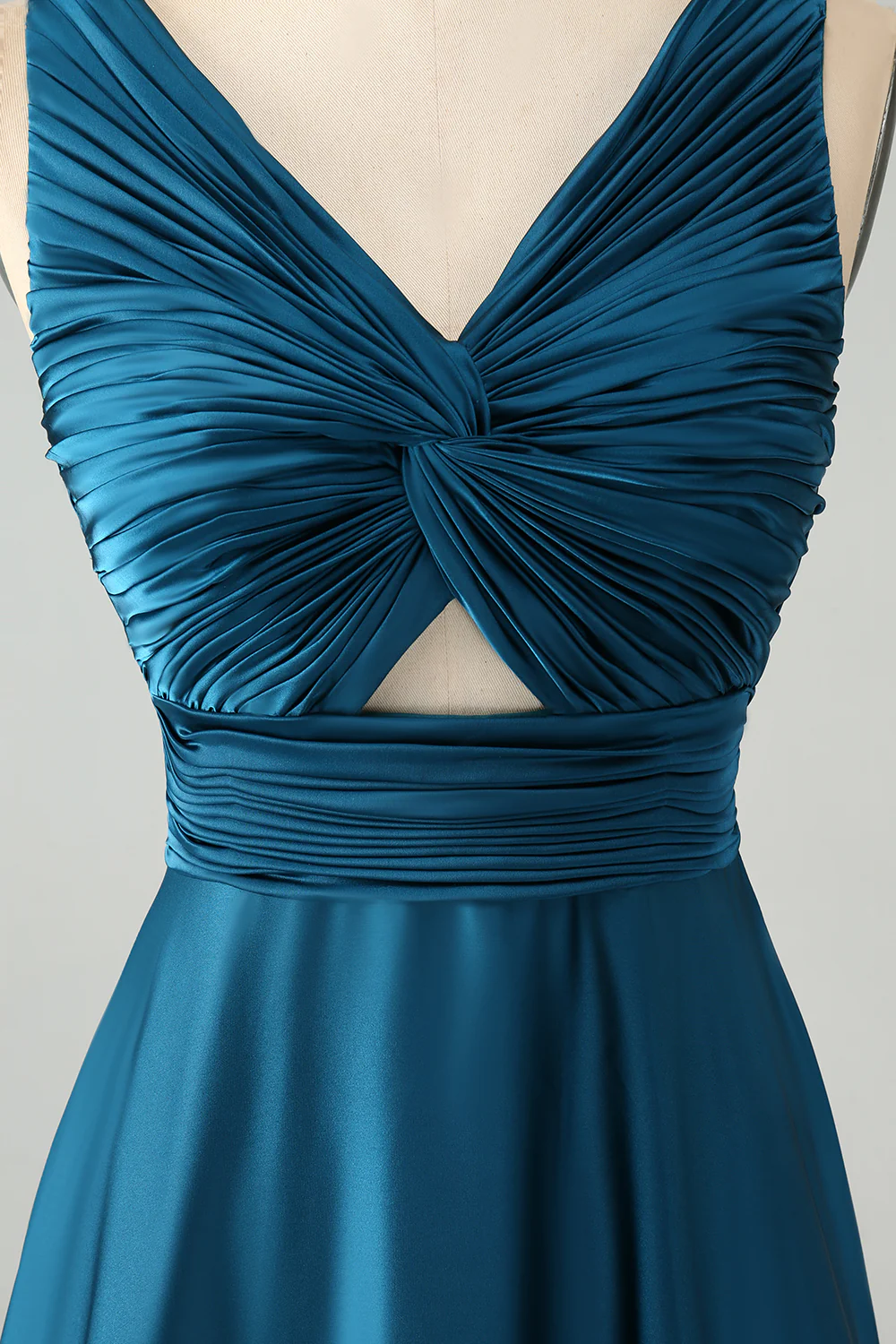 Bleu encre A ligne col V trou de serrure longue robe de demoiselle d’honneur - Image 8