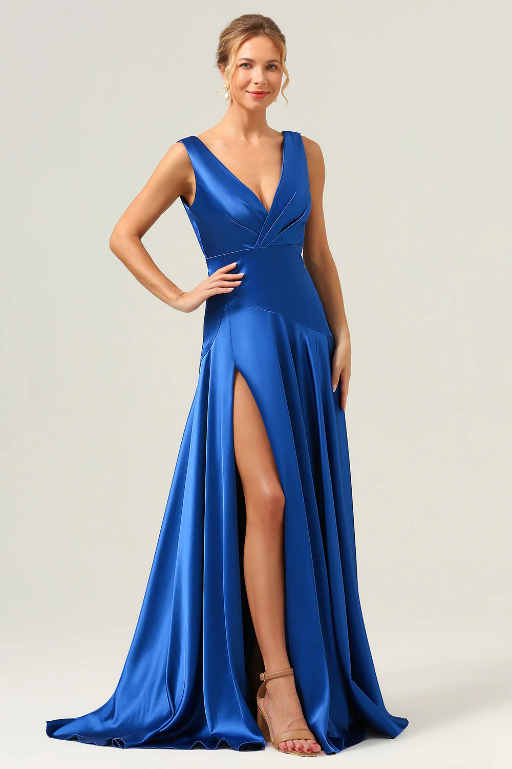 Bleu encre Une ligne col en V Robe de demoiselle d’honneur longue en satin avec fente - Image 4