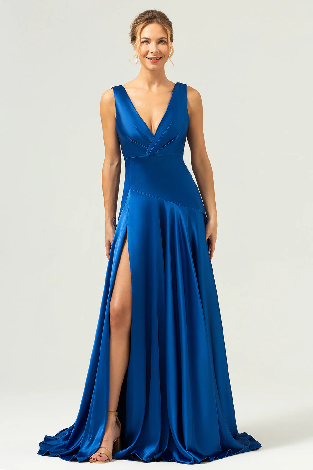 Bleu encre Une ligne col en V Robe de demoiselle d’honneur longue en satin avec fente - Image 5