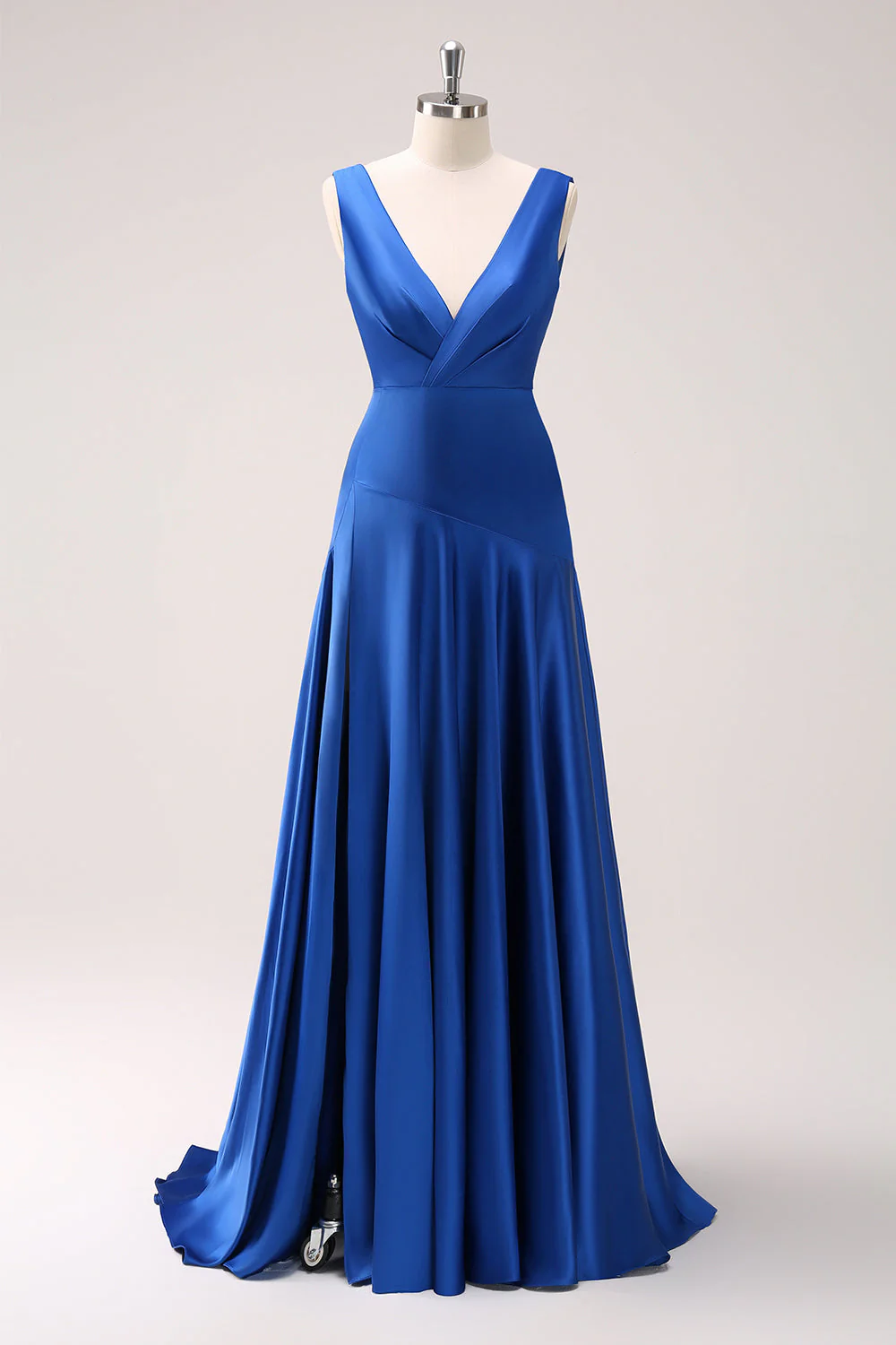 Bleu encre Une ligne col en V Robe de demoiselle d’honneur longue en satin avec fente - Image 7