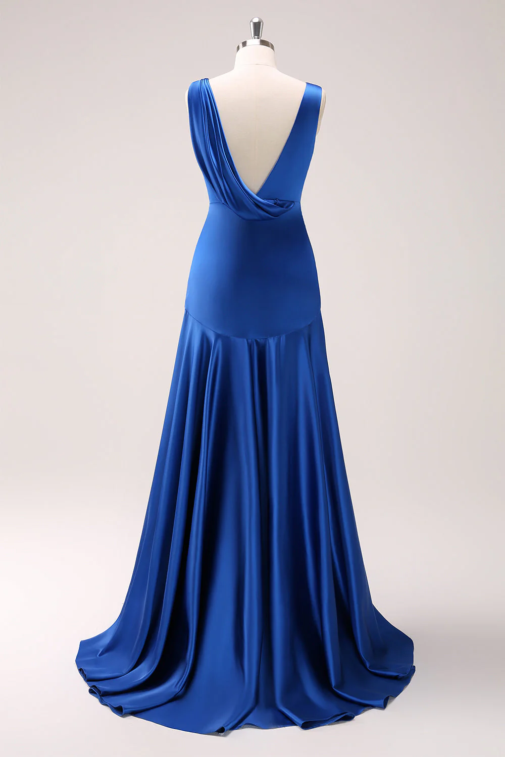 Bleu encre Une ligne col en V Robe de demoiselle d’honneur longue en satin avec fente - Image 8