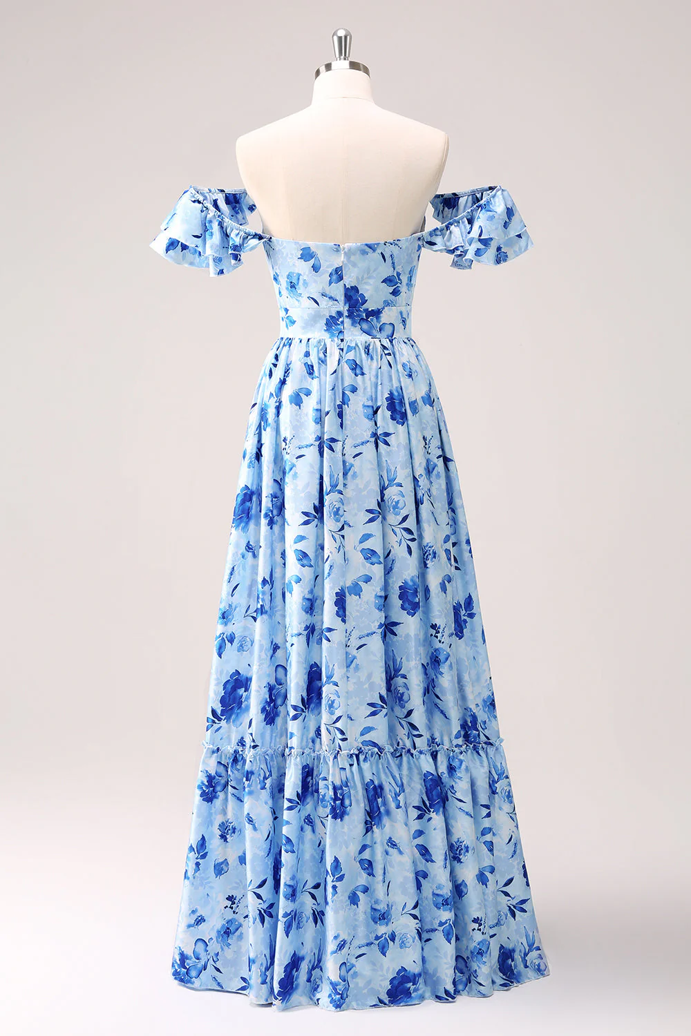 Bleu Épaule Dénudée Floral Robe de demoiselle d’honneur - Image 2