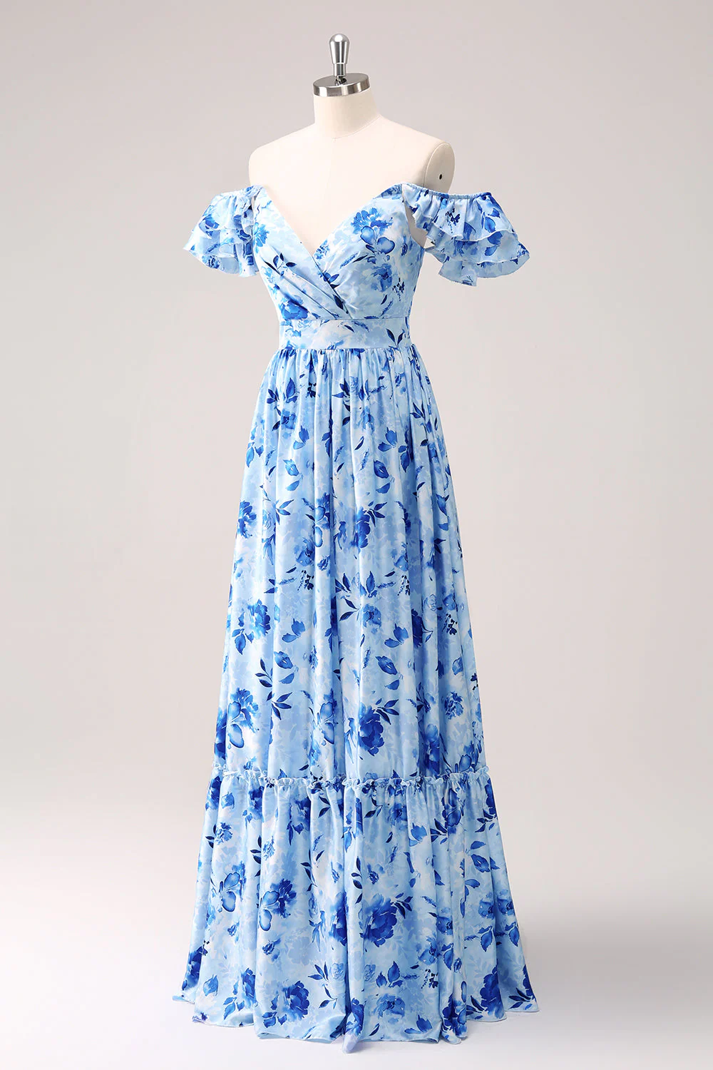 Bleu Épaule Dénudée Floral Robe de demoiselle d’honneur - Image 3