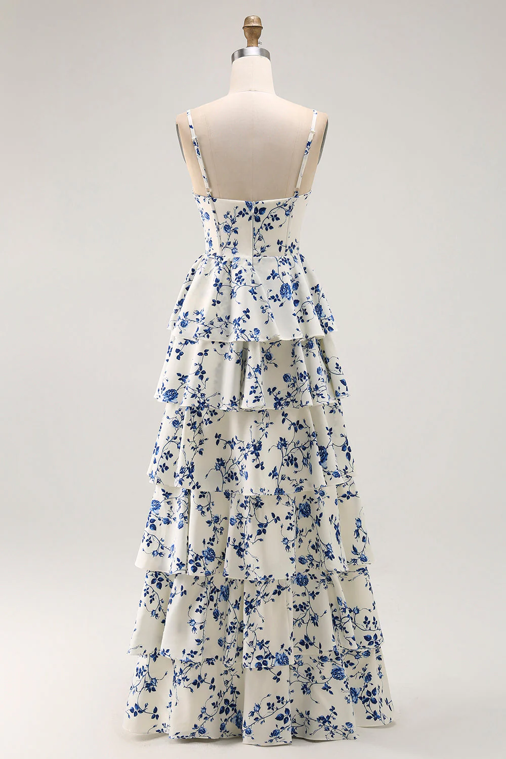 Robe de soirée longue bleue à imprimé floral coupe A-line volants avec fente - Image 2
