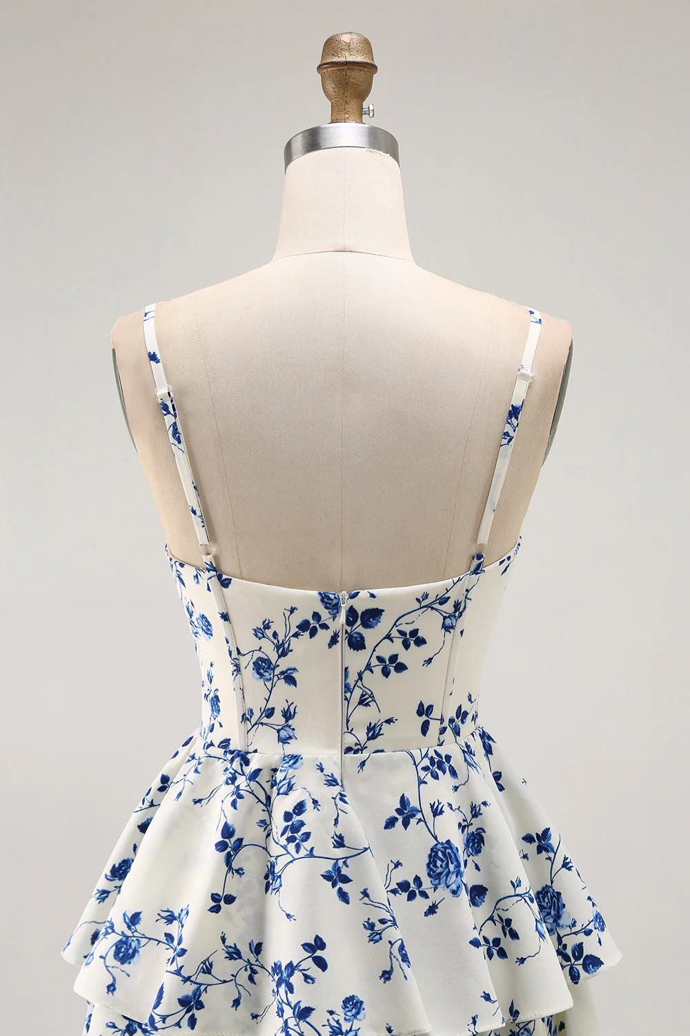 Robe de soirée longue bleue à imprimé floral coupe A-line volants avec fente - Image 5