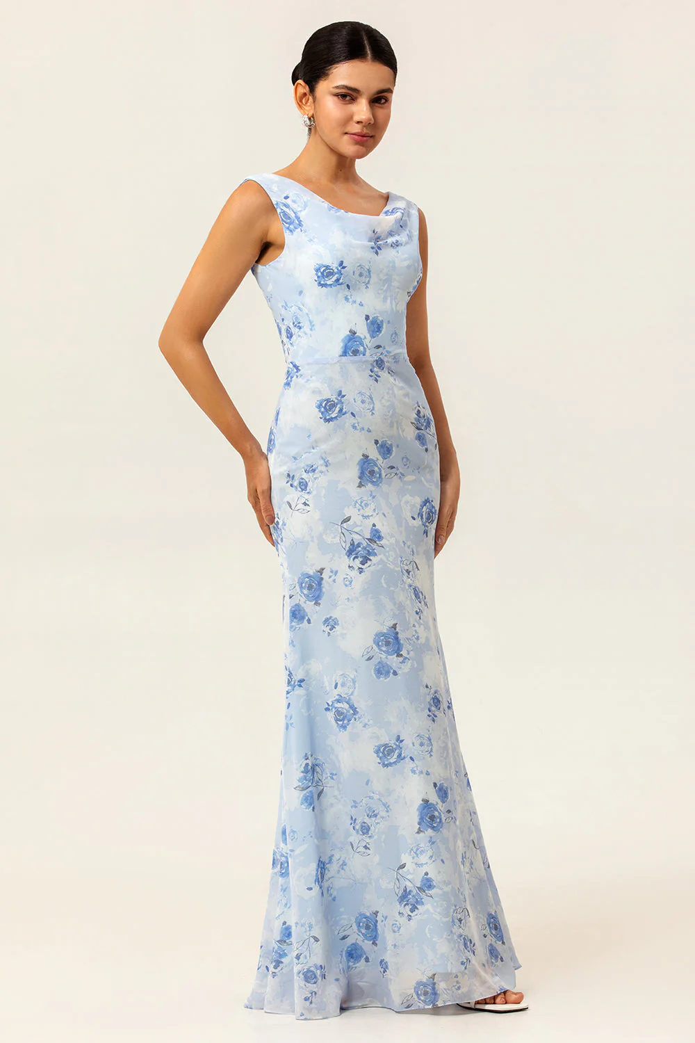 Bleu Floral Gaine Col Col Long Robe d’invité de mariage - Image 3