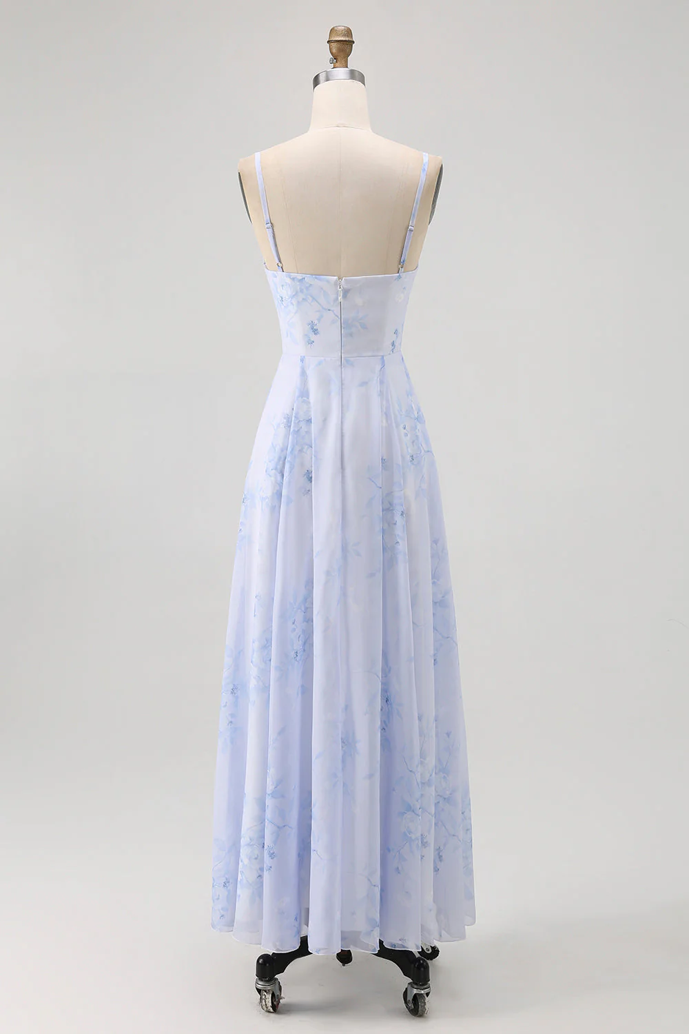 Bleu Floral Spaghetti Bretelles Mousseline De Soie Une Ligne Robe Demoiselle D’honneur - Image 2