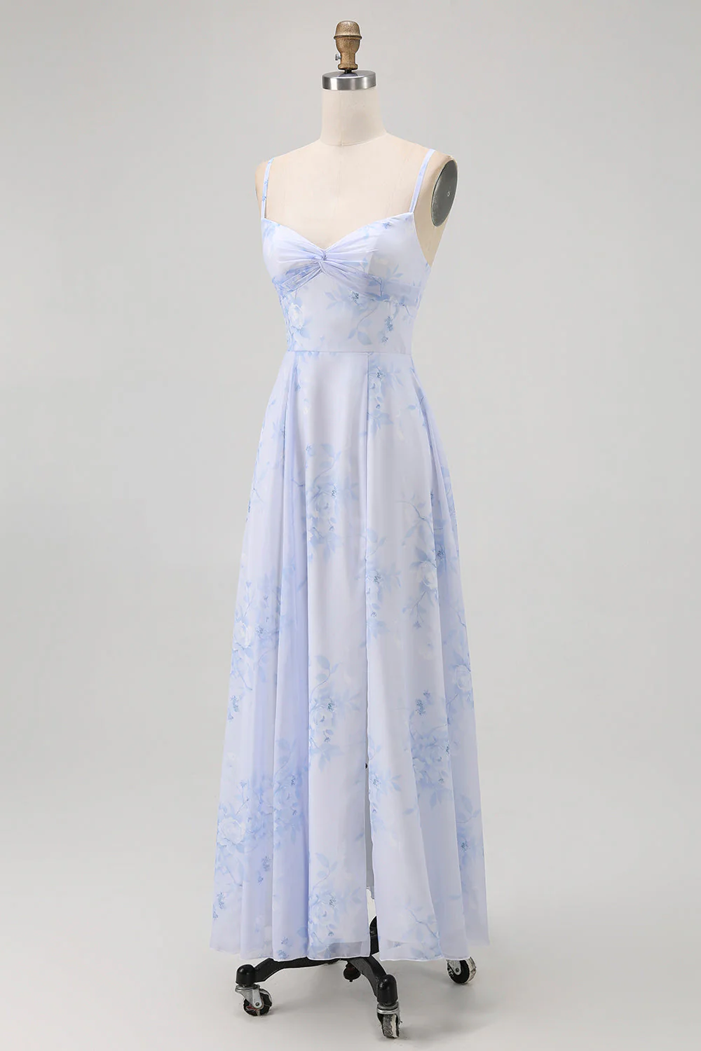 Bleu Floral Spaghetti Bretelles Mousseline De Soie Une Ligne Robe Demoiselle D’honneur - Image 3