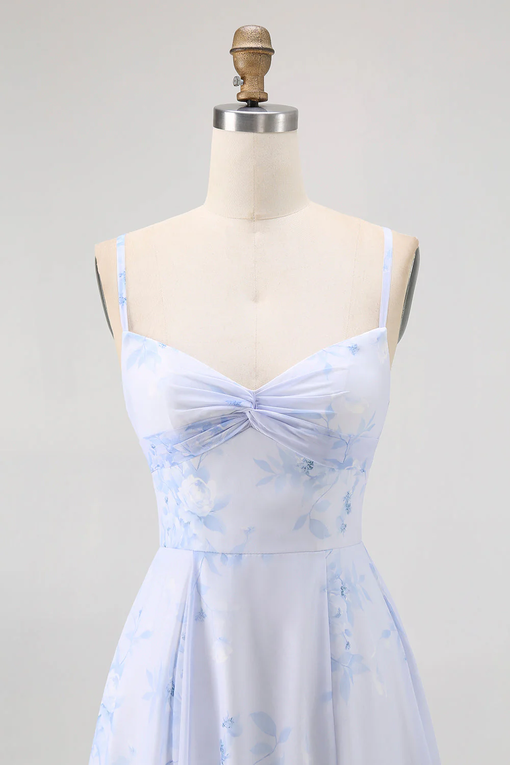 Bleu Floral Spaghetti Bretelles Mousseline De Soie Une Ligne Robe Demoiselle D’honneur - Image 4