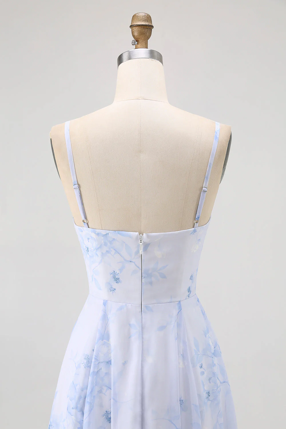 Bleu Floral Spaghetti Bretelles Mousseline De Soie Une Ligne Robe Demoiselle D’honneur - Image 5