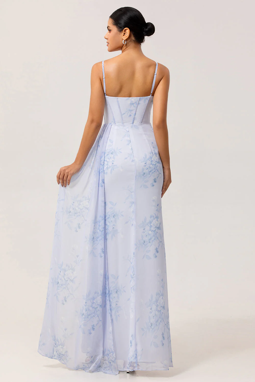 Robe longue de demoiselle d’honneur sirène bleue à corset floral avec fente - Image 4