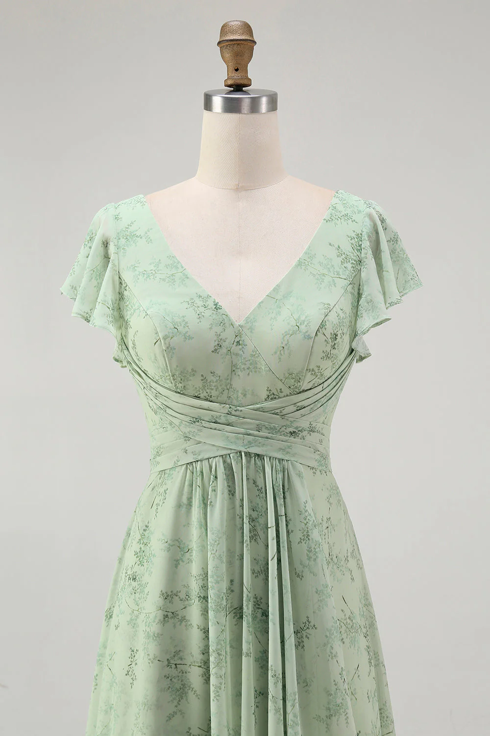 Bleu Floral Une ligne Col en V Mousseline de soie Longue Robe de demoiselle d’honneur avec fente - Image 10