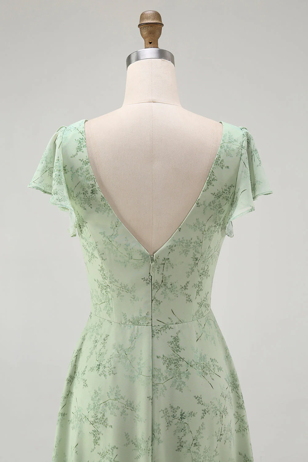 Bleu Floral Une ligne Col en V Mousseline de soie Longue Robe de demoiselle d’honneur avec fente - Image 11