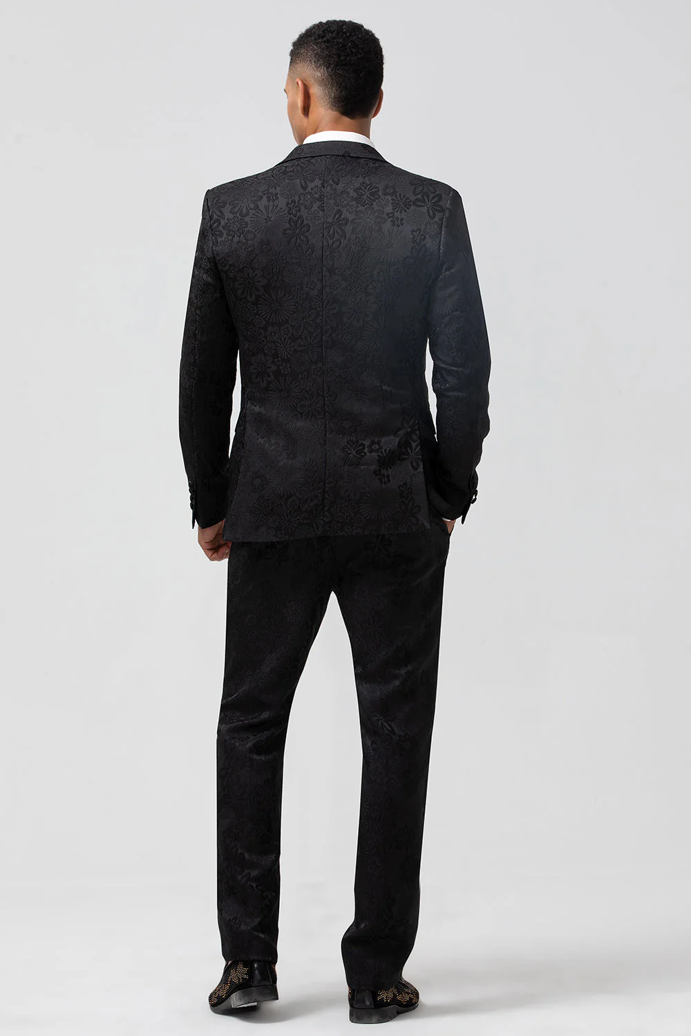 Bleu foncé 3 pièces à revers en pointe Jacquard un bouton Costumes de bal pour hommes - Image 10