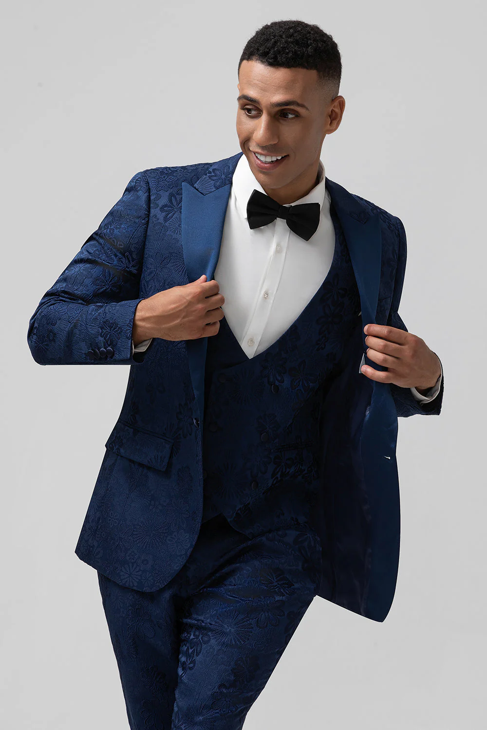 Bleu foncé 3 pièces à revers en pointe Jacquard un bouton Costumes de bal pour hommes - Image 7