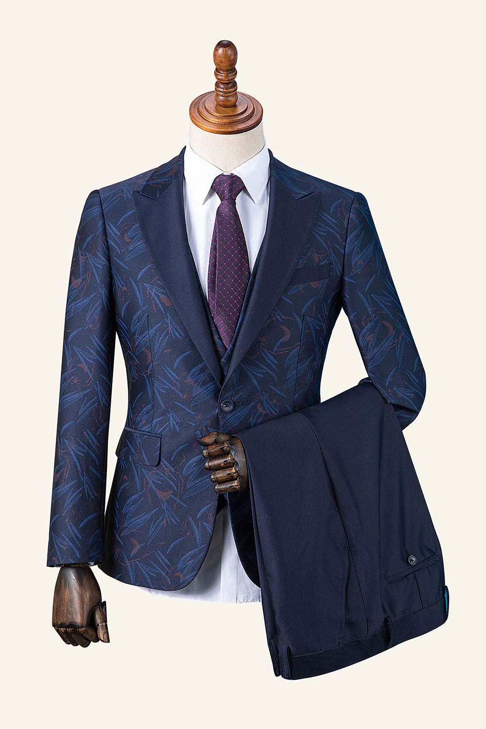 Bleu foncé à revers à pointe imprimé smoking 3 pièces pour homme