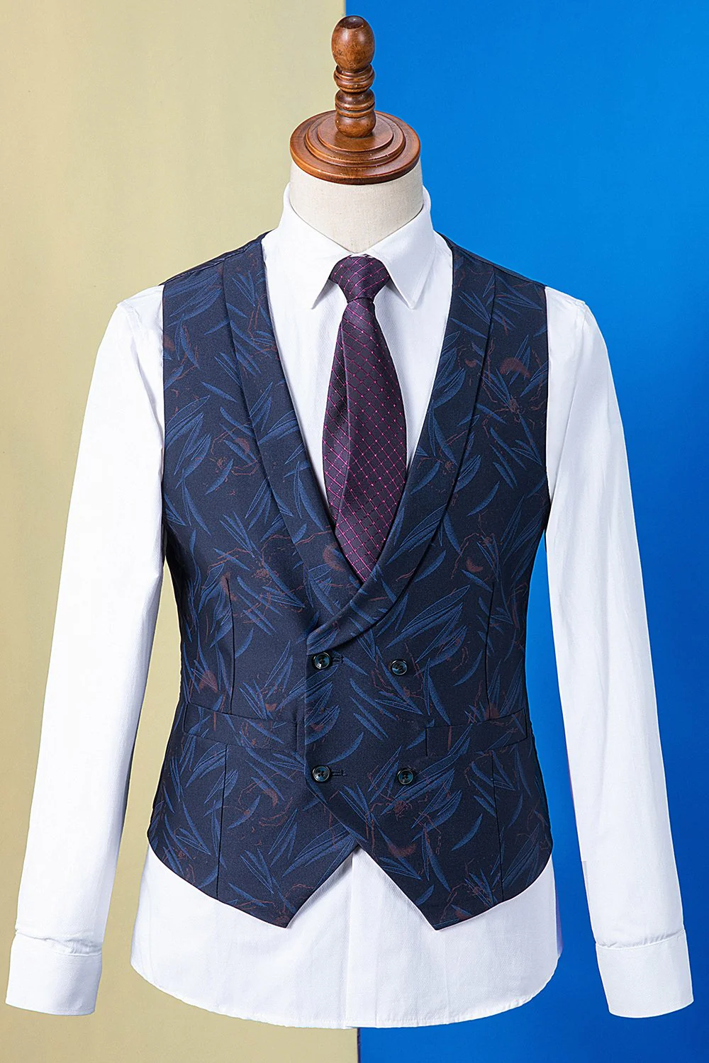 Bleu foncé à revers à pointe imprimé smoking 3 pièces pour homme - Image 3