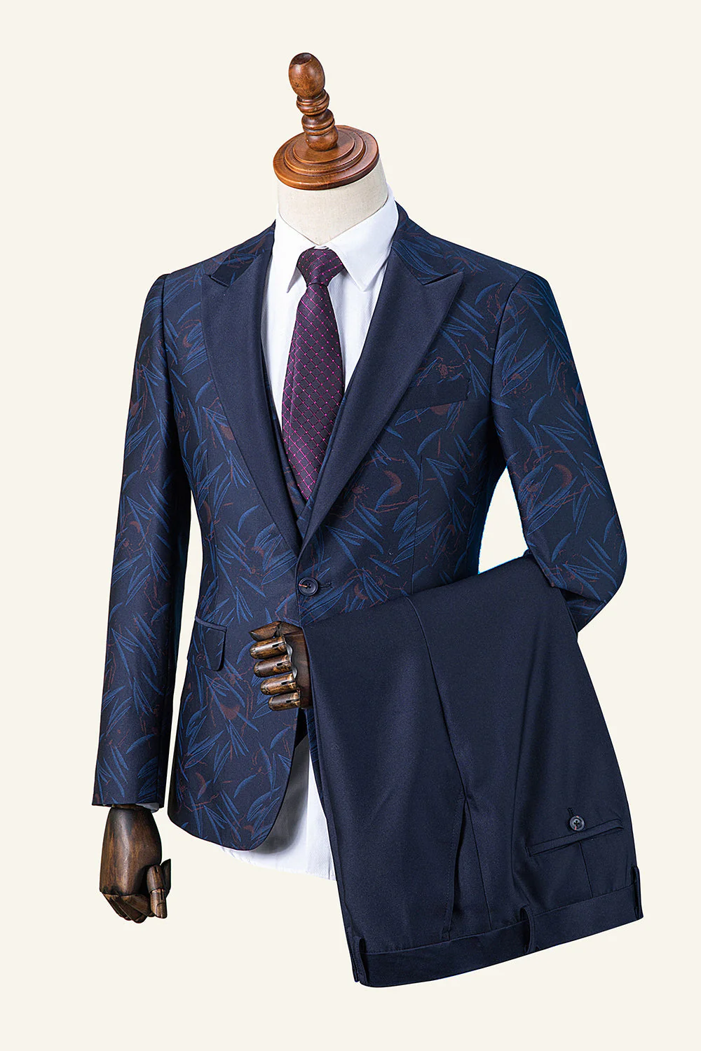 Bleu foncé à revers à pointe imprimé smoking 3 pièces pour homme - Image 6