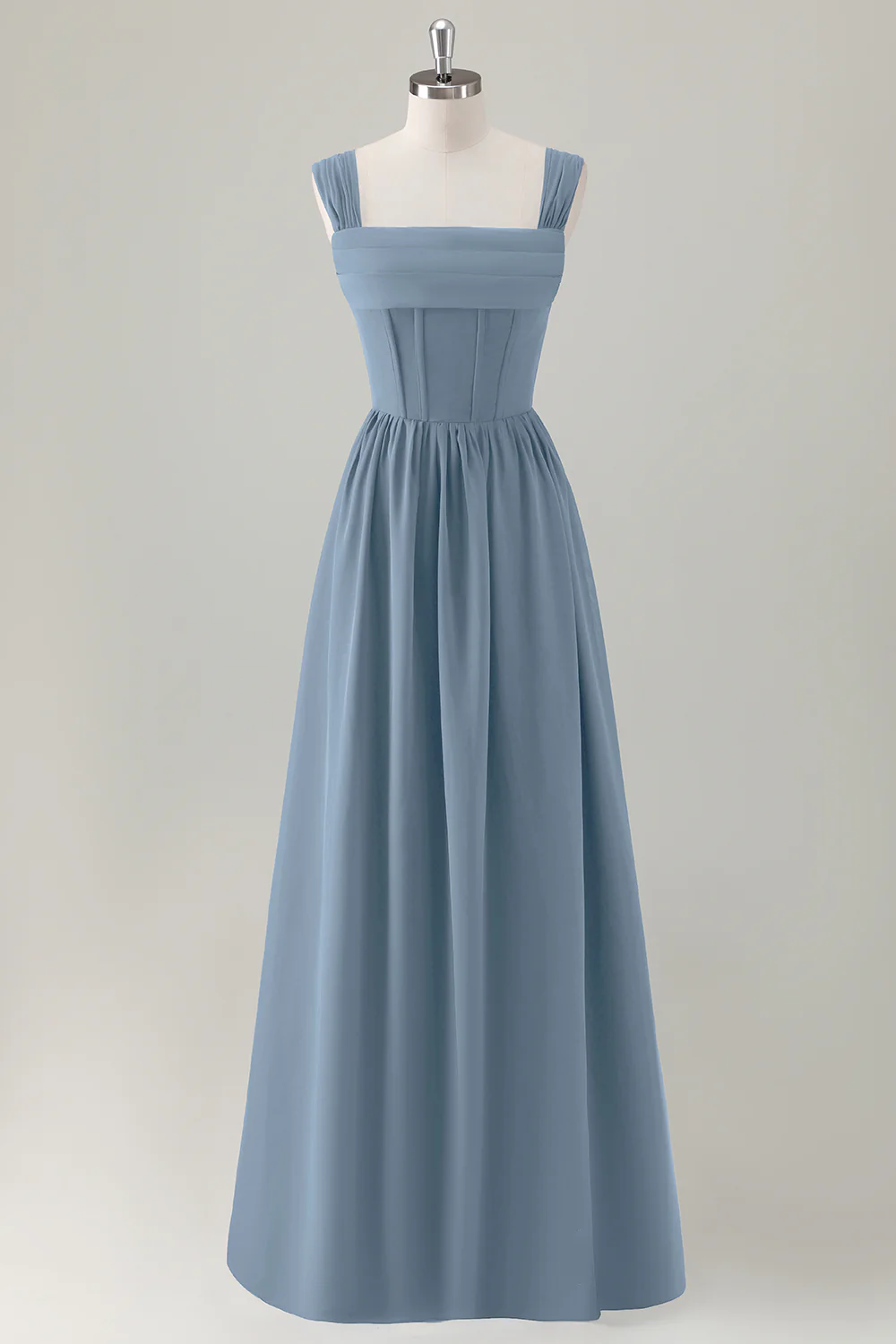 Robe longue de demoiselle d’honneur bleu foncé à corset trapèze et col carré avec lacets dans le dos - Image 17