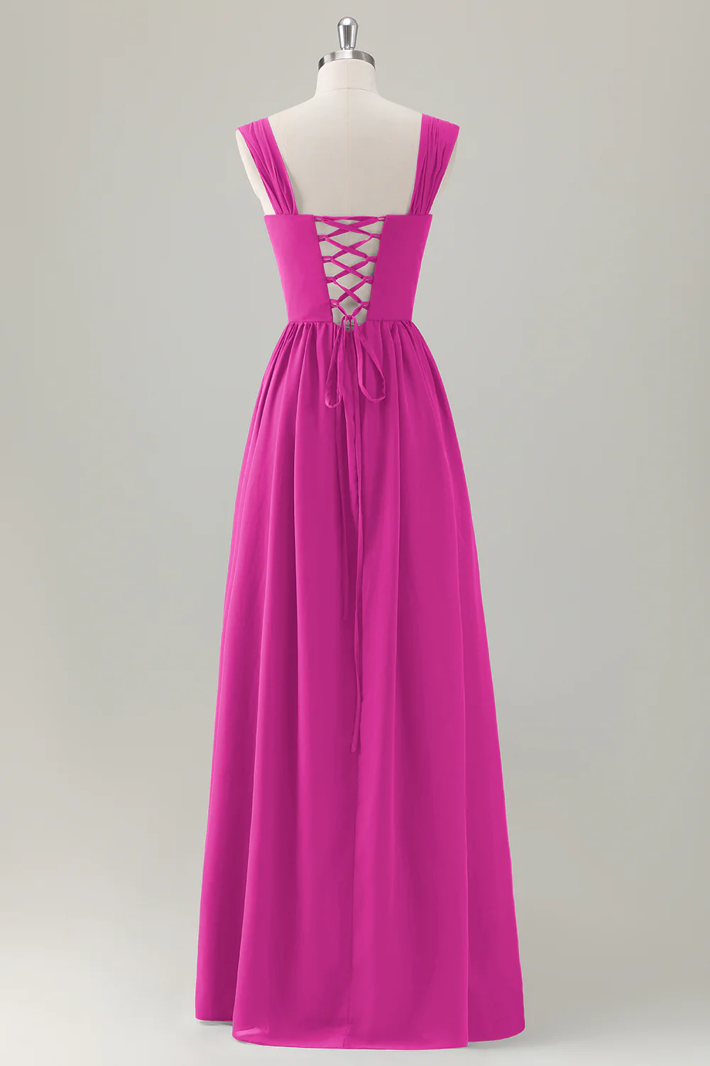 Robe longue de demoiselle d’honneur bleu foncé à corset trapèze et col carré avec lacets dans le dos - Image 24